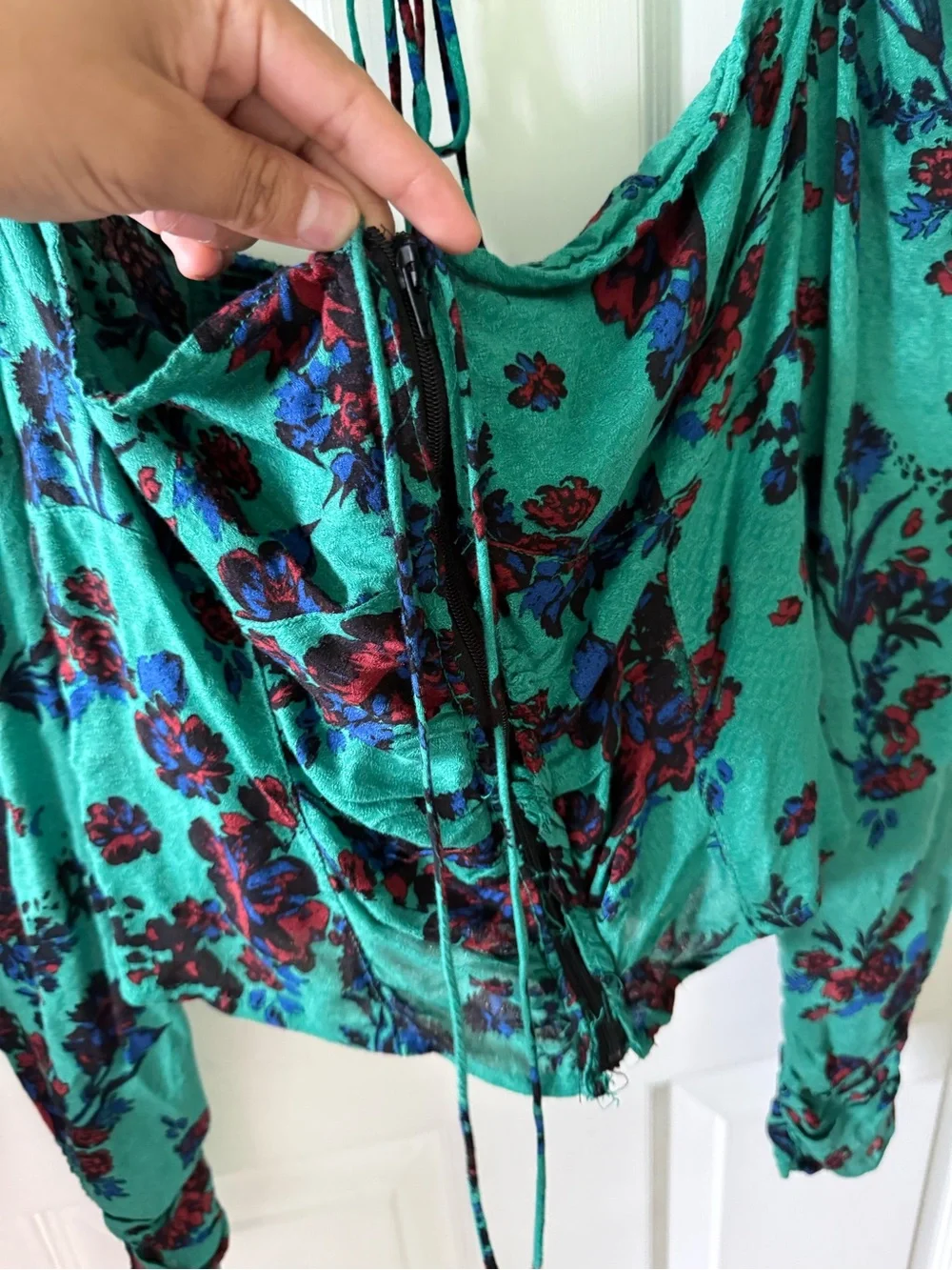 Free People Teal Floral Lace-Up Puff Sleeve Blouse